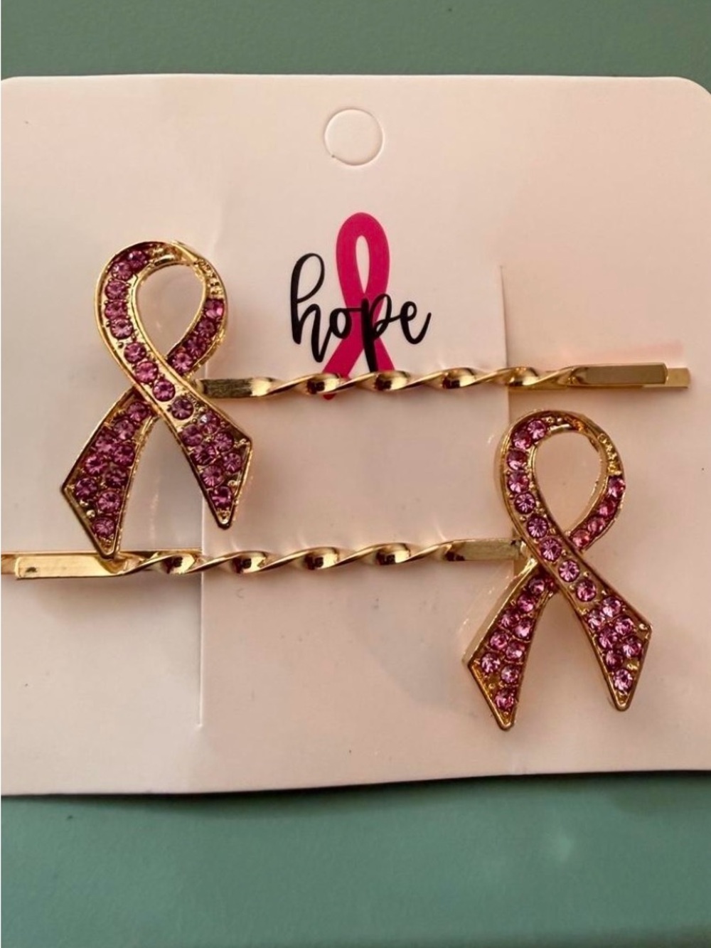 Gold Pink Ribbon Crystal Hair Pins by